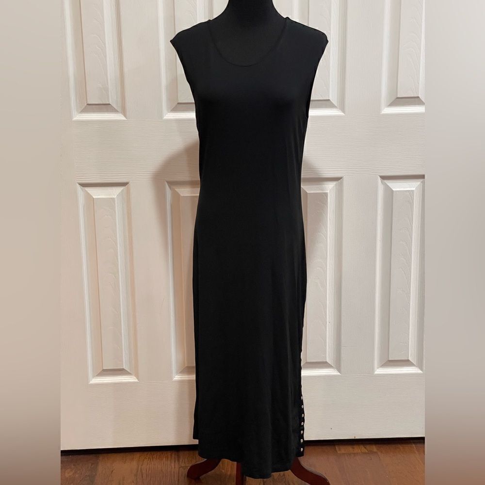 Celine Black Sleeveless Midi Dress with Silver Triomphe Button Detail SZ 44